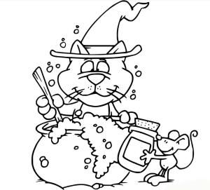 Halloween boyama sayfası,  coloring page, Cadı Kedi Yapımı Demleme Çizimi, 