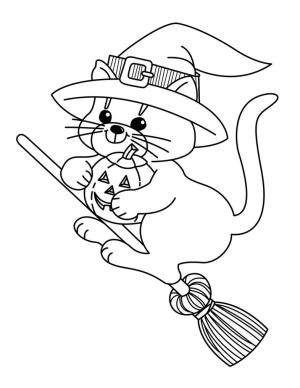 Halloween boyama sayfası,  coloring page, Sevimli Kedi Uçan Cadı, 