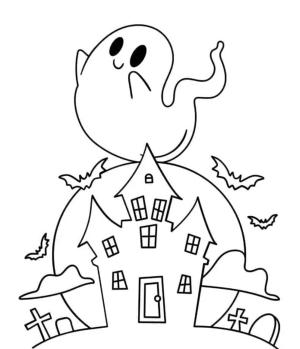 Hayalet boyama sayfası,  coloring page, Perili Ev ile Gülümseyen Hayalet Cadılar Bayramı, 