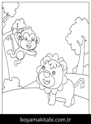 Hayvanat Bahçesi boyama sayfası,  coloring page, , Monkey And Lion In The Zoo