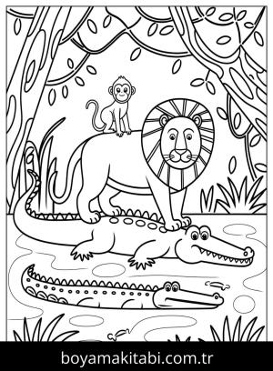 Hayvanat Bahçesi boyama sayfası,  coloring page, , Crocodile With Lion And Monkey