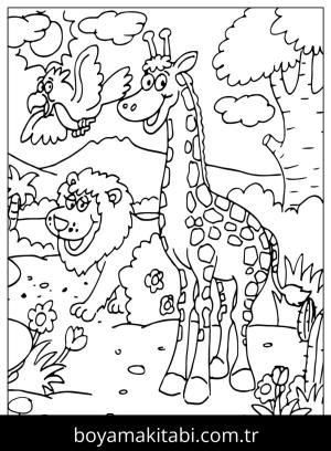 Hayvanat Bahçesi boyama sayfası,  coloring page, , Giraffe With Lion And Bird