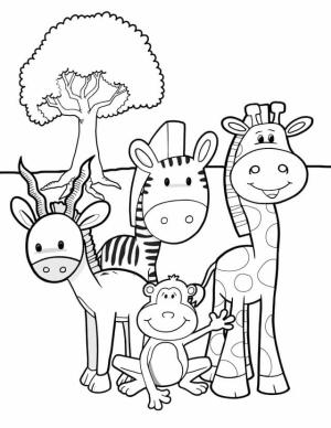 Hayvanat Bahçesi boyama sayfası,  coloring page, Hayvanat Bahçesinde Dört Hayvan ve Ağaç, 