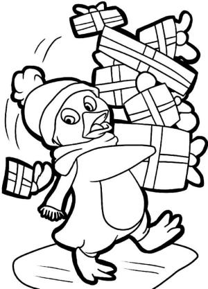 Hediye boyama sayfası,  coloring page, Noel Hediyeleri Tutan Penguen, 