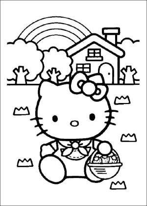 Hello Kitty boyama sayfası, Hello Kitty coloring page, Bir Torba meyve tutan Hello Kitty,