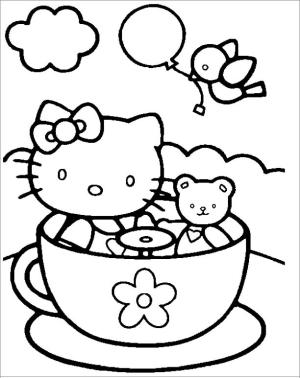 Hello Kitty boyama sayfası, Hello Kitty coloring page, Kupada Hello Kitty ve Oyuncak Ayı,