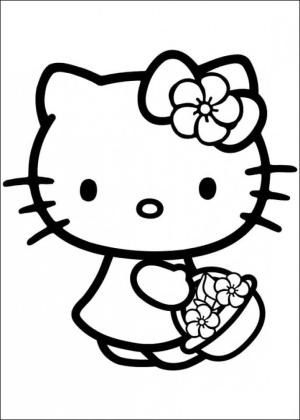 Hello Kitty boyama sayfası, Hello Kitty coloring page, Bir Çiçek Sepeti tutan Hello Kitty,