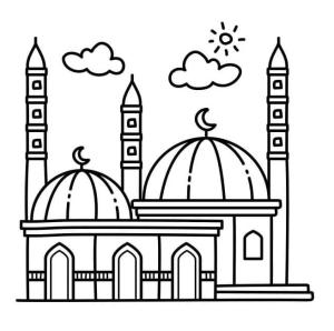 Hoşgeldin Ramazan boyama sayfası,  coloring page, Güneşli gökyüzü altında cami, 