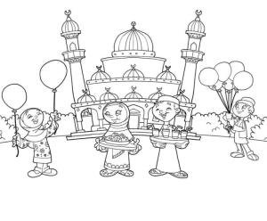 Hoşgeldin Ramazan boyama sayfası,  coloring page, Caminin arka planında çocuklar., 