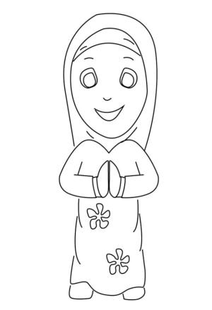 Hoşgeldin Ramazan boyama sayfası,  coloring page, Neşeli küçük Müslüman kadın, 