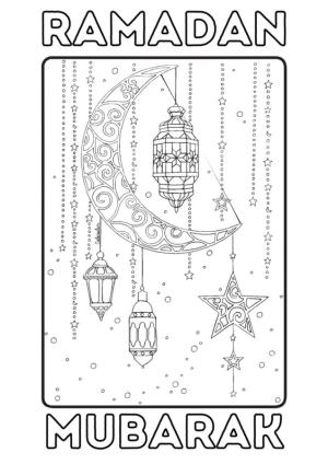 Hoşgeldin Ramazan boyama sayfası,  coloring page, Hilal, yıldızlar ve lambalar boyama sayfası., 