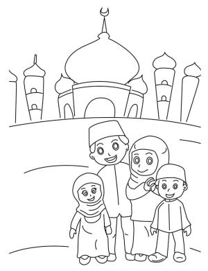 Hoşgeldin Ramazan boyama sayfası,  coloring page, Caminin arka planında Müslüman aile., 