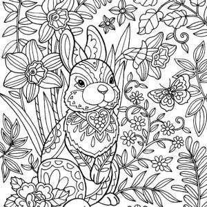 Ilkbahar boyama sayfası,  coloring page, Çiçekler içinde bahar tavşanı., 