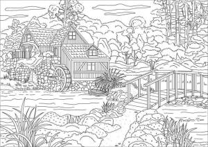 Ilkbahar boyama sayfası,  coloring page, İlkbahar ağacı ile çevrili güzel ev, 