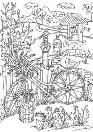 Ilkbahar boyama sayfası,  coloring page, Çiçeklerle dolu bisiklet, 