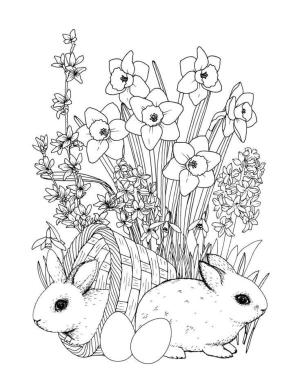 Ilkbahar boyama sayfası,  coloring page, Sepet içinde Paskalya tavşanları, 