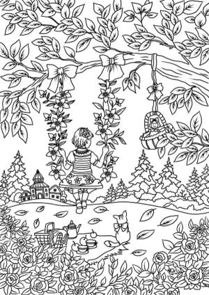 Ilkbahar boyama sayfası,  coloring page, Bir kız çiçek salıncağına biniyor., 