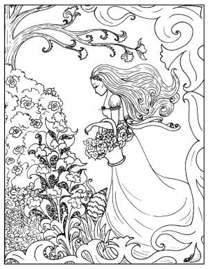 Ilkbahar boyama sayfası,  coloring page, Bahar prensesi çiçek topluyor., 