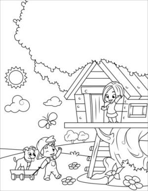 Ilkbahar boyama sayfası,  coloring page, Erkek ve Kız ile Ağa Ev, 