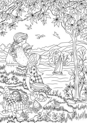 Ilkbahar boyama sayfası,  coloring page, Anne ve kızları tekneleri suya indiriyor., 