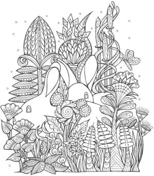 Ilkbahar boyama sayfası,  coloring page, Çiçeklerin içinde iki tavşan bulun, 