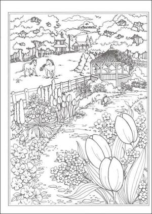 Ilkbahar boyama sayfası,  coloring page, Atlar çiçek çayırının yanında dörtnala, 