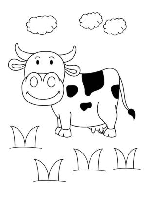 Inek boyama sayfası,  coloring page, Çim ve Bulutlarla İnek, 