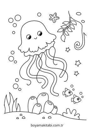 Jellyfish boyama sayfası – çocuk aktivitesi, PDF indir