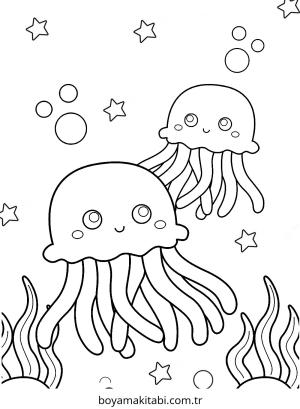 Jellyfish boyama sayfası – basit çizim, kolay boyama