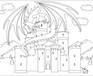 Kale boyama sayfası, Castle coloring page, Kaledeki Ejderha, 