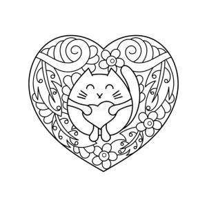 Kalp boyama sayfası, Heart coloring page, Kalbinde şirin Kedi, 