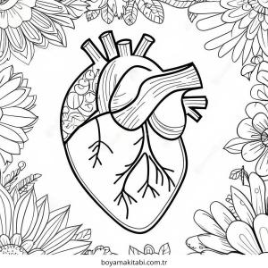Kalp boyama sayfası – sevimli karakter, sanatsal çalışma
