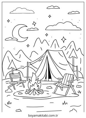 Kamp boyama sayfası – sevimli karakter, sanatsal çalışma