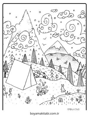 Kamp boyama sayfası – çocuk aktivitesi, PDF indir