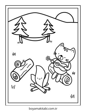 Kamp boyama sayfası – çizgi film temalı, basit çizim
