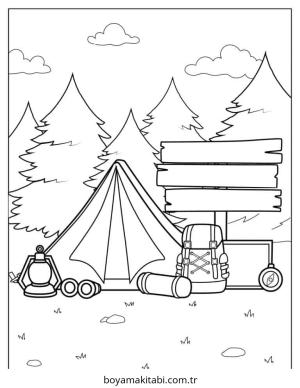 Kamp boyama sayfası – sevimli karakter, sanatsal çalışma
