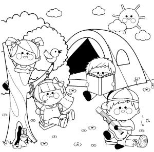 Kamp boyama sayfası,  coloring page, , Happy Children In Camping