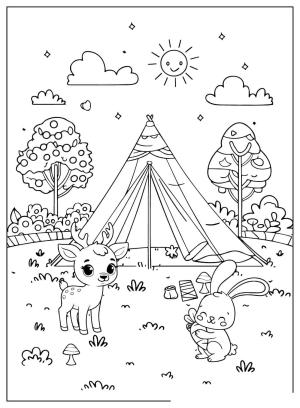 Kamp boyama sayfası,  coloring page, , Deer And Rabbit Go Camping Together