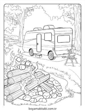 Kamp boyama sayfası – çizgi film temalı, basit çizim