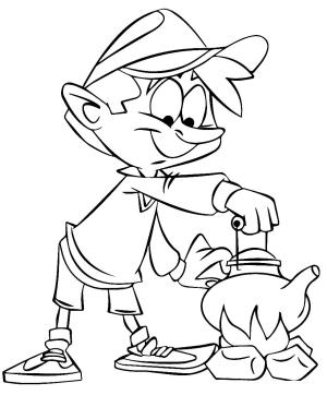 Kamp boyama sayfası,  coloring page, , Boy Warming Water On Campfire Camping