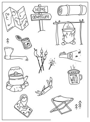 Kamp boyama sayfası,  coloring page, , Camping Outdoor Doodle Set