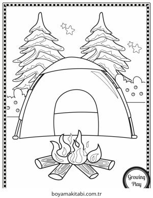 Kamp boyama sayfası – keyifli zaman, renkli çizimler