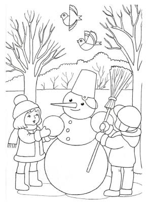 Kardan Adam boyama sayfası,  coloring page, Çocuklar bahçedeki bir kardan adamı kör etti, 