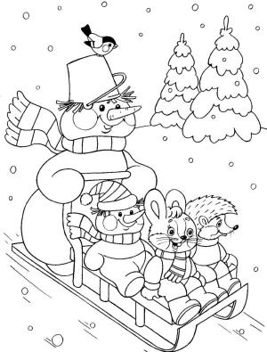 Kardan Adam boyama sayfası,  coloring page, Dost bir şirket kızakla kayıyor., 