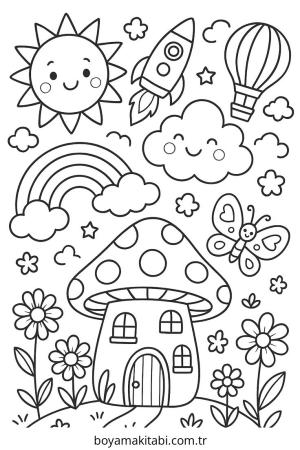 Karışık boyama sayfası – sevimli karakter, sanatsal çalışma