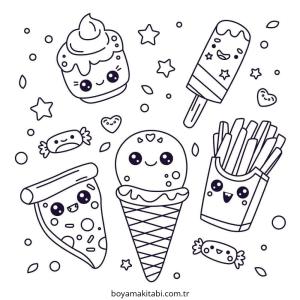 Kawaii Food boyama sayfası – keyifli zaman, renkli çizimler