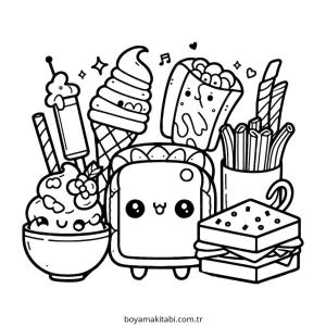 Kawaii Food boyama sayfası – çocuk aktivitesi, PDF indir