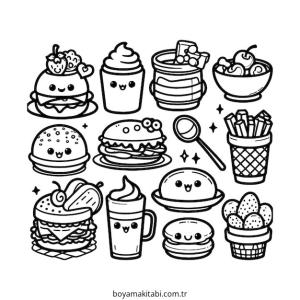 Kawaii Food boyama sayfası – basit çizim, kolay boyama