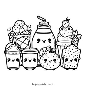 Kawaii Food boyama sayfası – keyifli zaman, renkli çizimler
