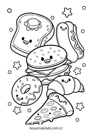 Kawaii Food boyama sayfası – kolay boyama, eğitici aktivite